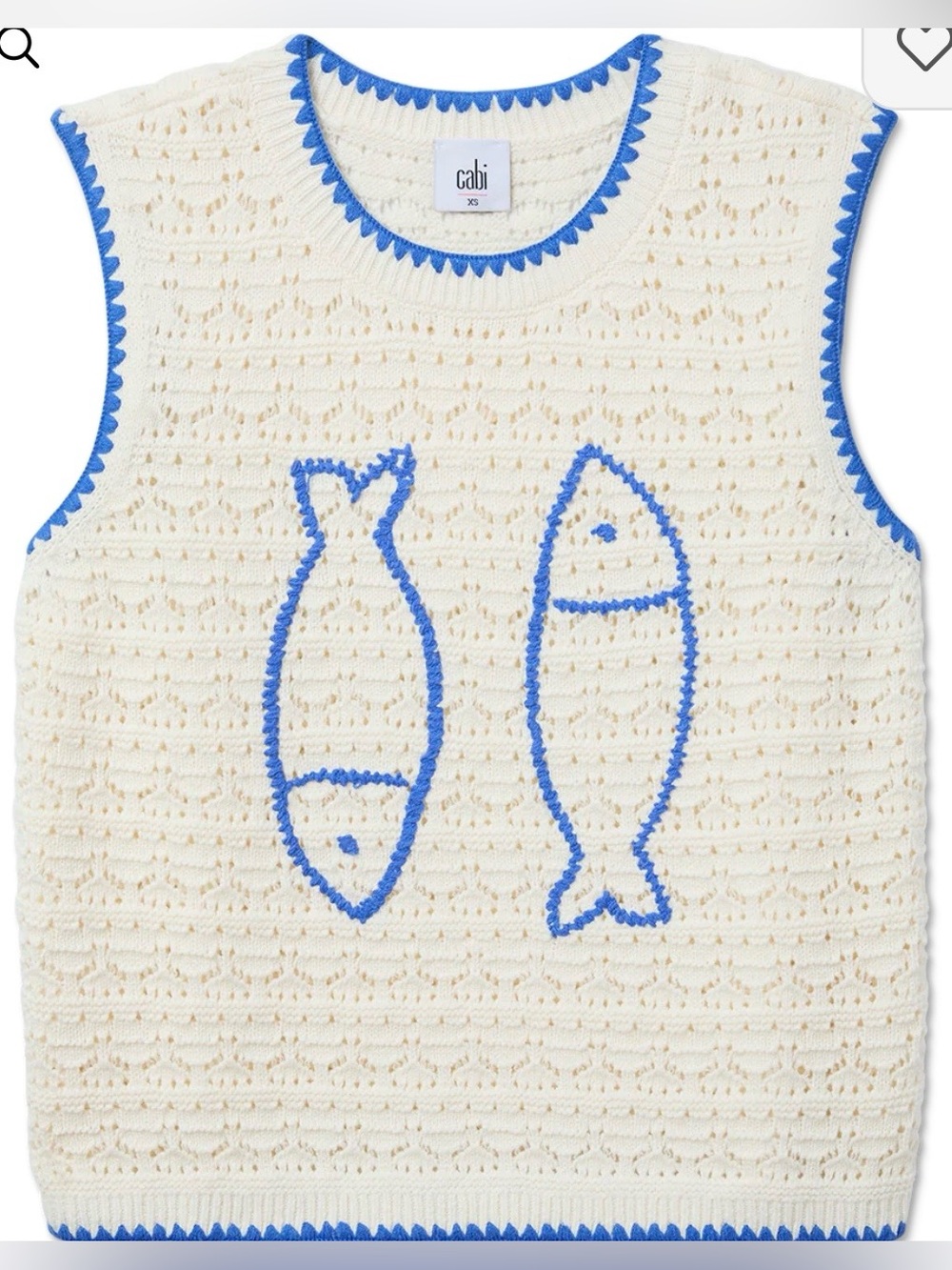 CAbi Castaway Sweater Vest. Cream Vest with Blue Fish. Medium. Brand new.